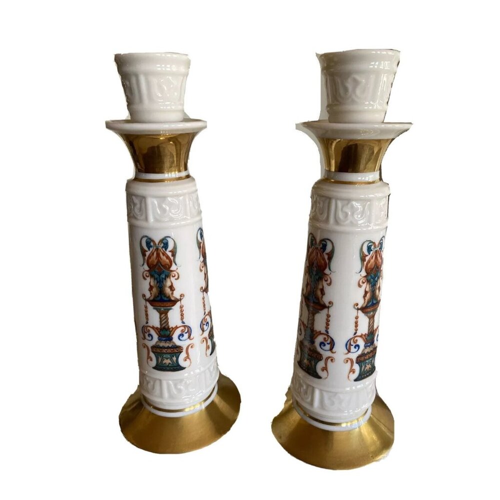 Vintage Ceramic Candle Holders With Gold Accents & Ornate Multicolor Design 2-Pi